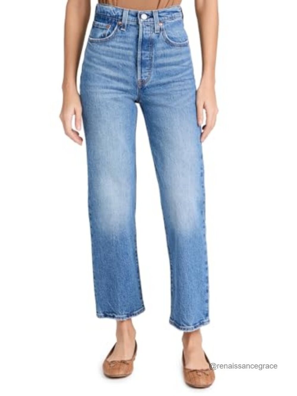 High Rise Straight Ankle Jeans Stretch Denim